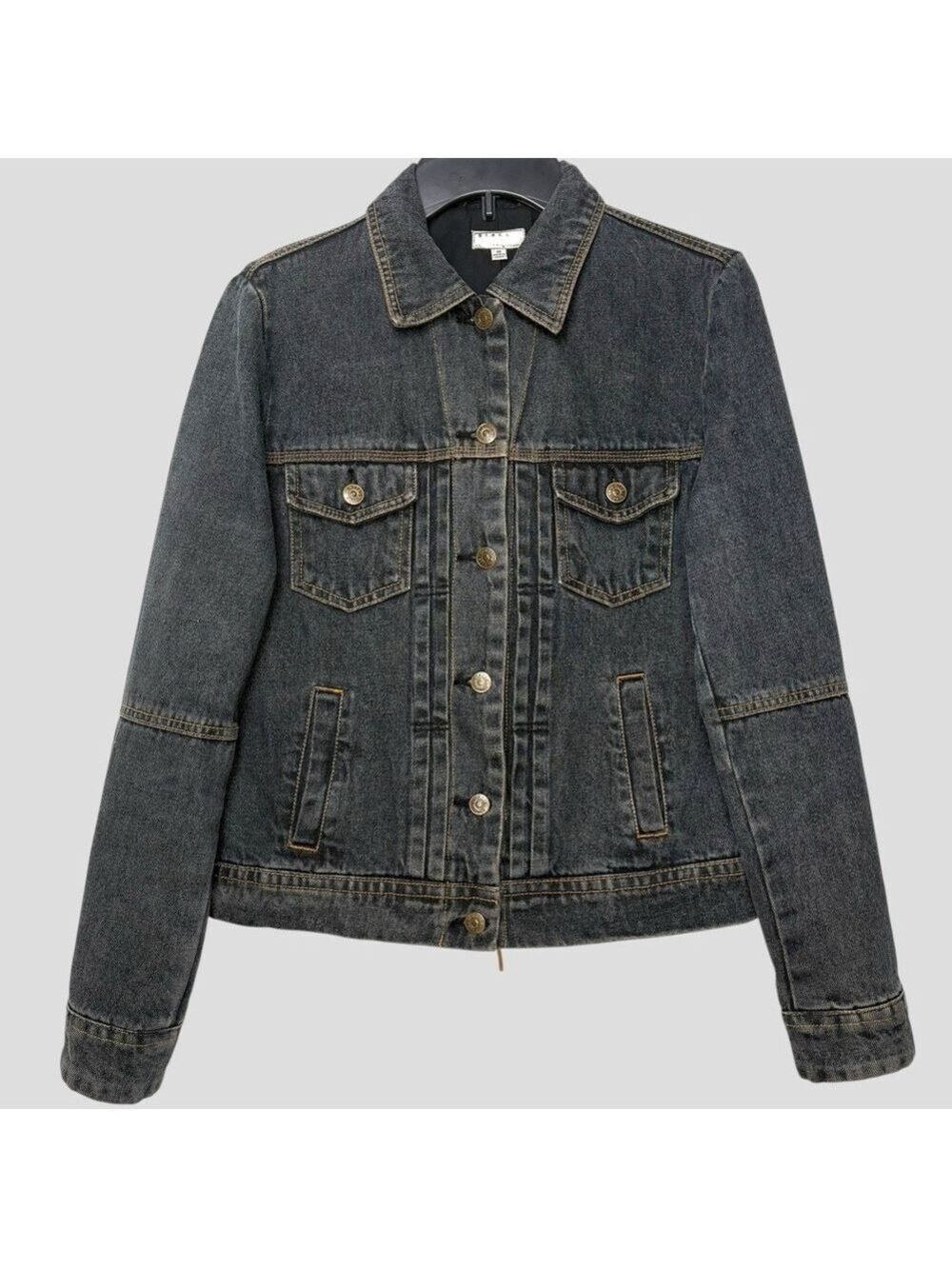 90s Gray Denim Jacket M Lace Up Corset Back Whimsigoth Grunge Steampunk Y2K - Picture 2 of 13